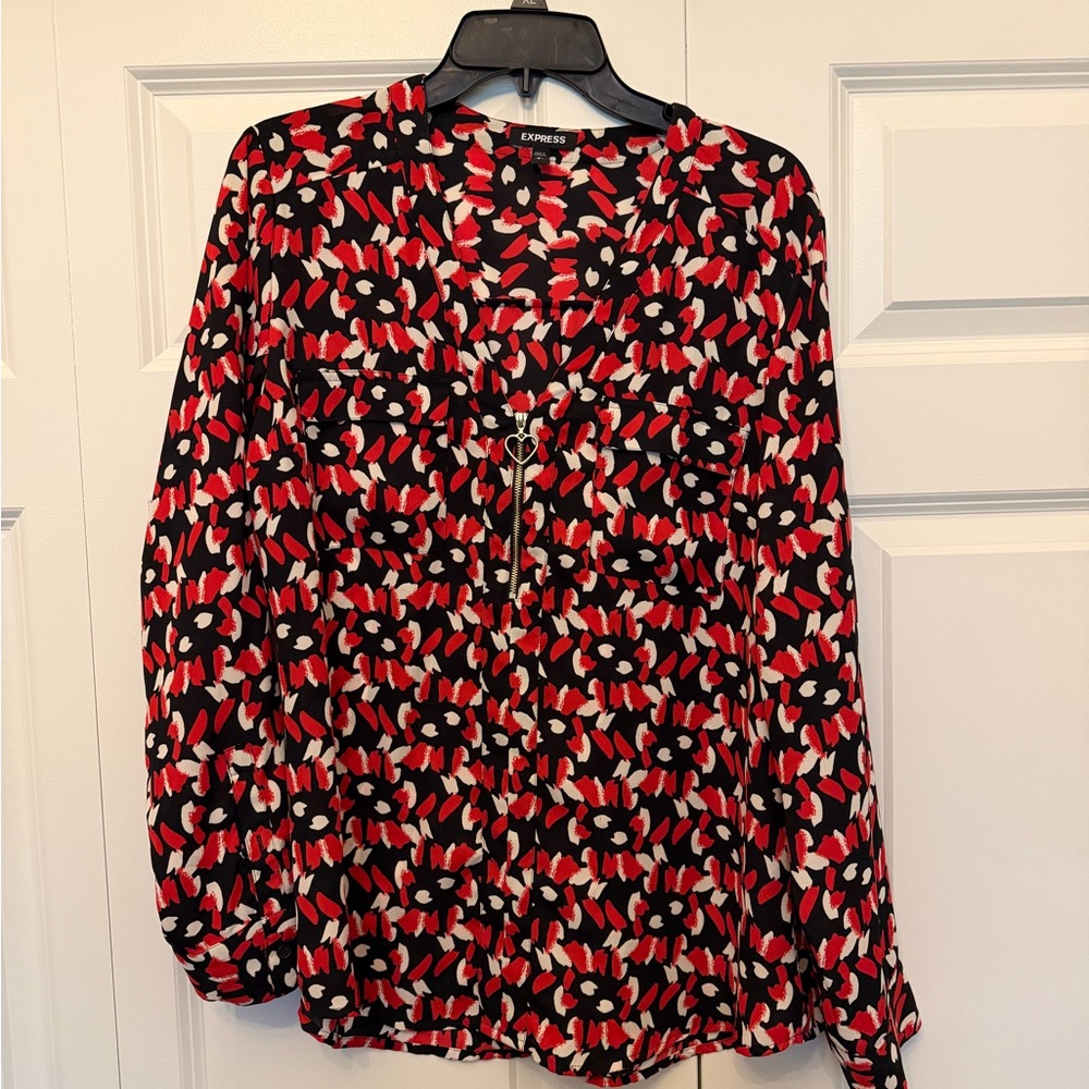 Express Red, Black & White Floral Zip-Front Blouse